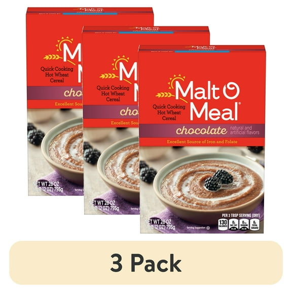(3 pack) Malt-O-Meal Chocolate Quick Cooking Hot Wheat Cereal, Shelf-Stable, Kosher, Hearty, 28 oz. Box