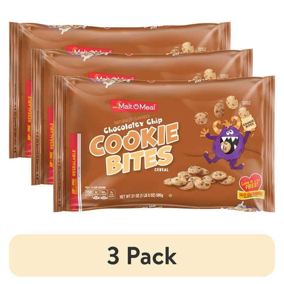 (3 pack) Malt-O-Meal Chocolatey Chip Cookie Bites Breakfast Cereal, Family Size, 21 oz Bag