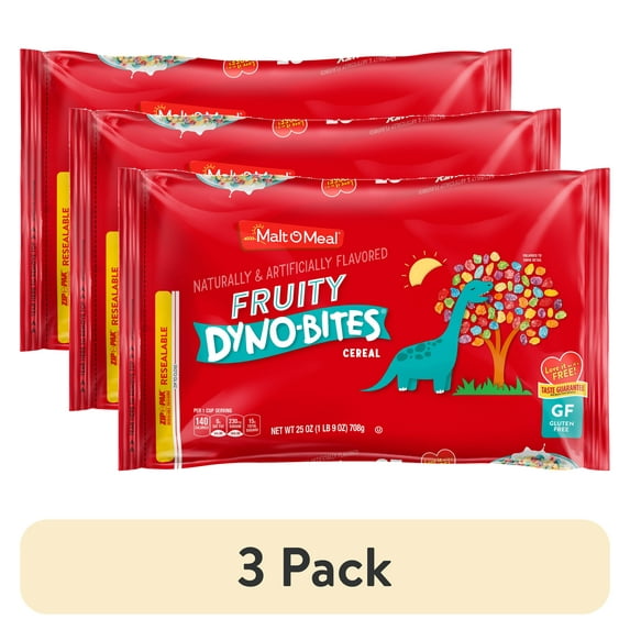 (3 pack) Malt-O-Meal Fruity Dyno-Bites Breakfast Cereal, Family Size, 25 oz Bag