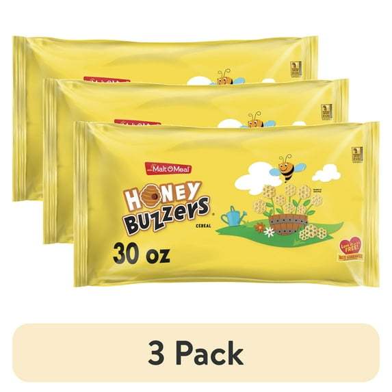 (3 pack) Malt-O-Meal Honey Buzzers Breakfast Cereal, Super Sized Honey Cereal, Crunchy 30 oz Resealable Bag