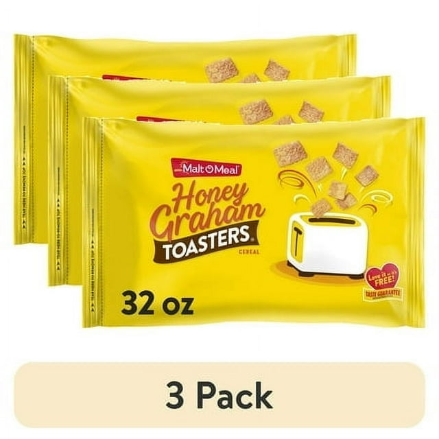 (3 pack) Malt-O-Meal Honey Graham Toasters Breakfast Cereal, Crunchy Honey Graham Squares, 32 oz Bag