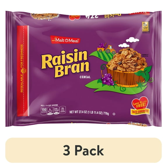 (3 pack) Malt-O-Meal Raisin Bran Breakfast Cereal, Family Size, 27.4 oz Plastic Bag