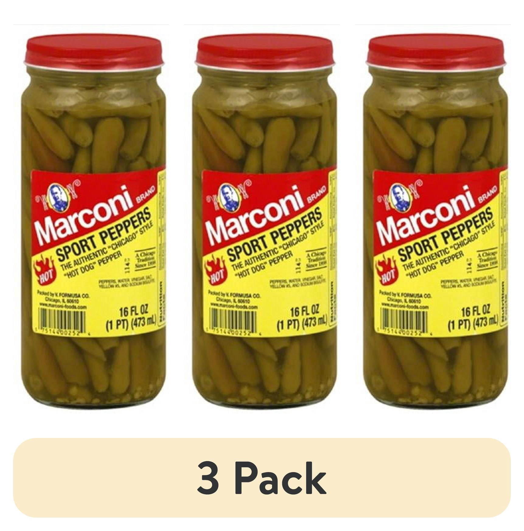 (3 pack) Marconi Hot Sport Peppers, The Chicaco Style Hot Dog Topping, Gluten Free, Shelf-Stable, 16 fl oz Jar