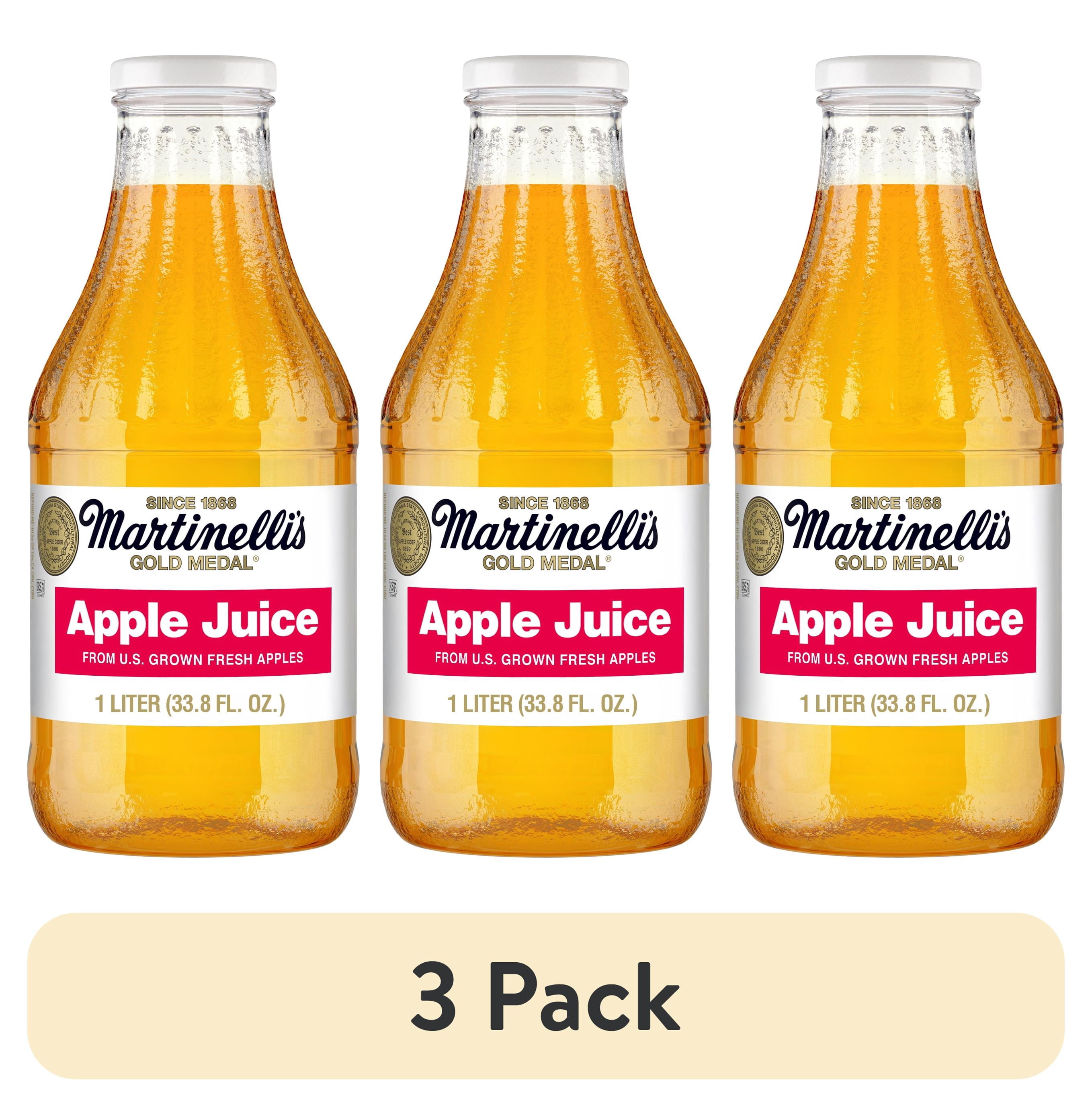 (3 pack) Martinelli's Gold Medal 100% Apple Juice, Multi-Serve Glass Bottle, 1 Liter