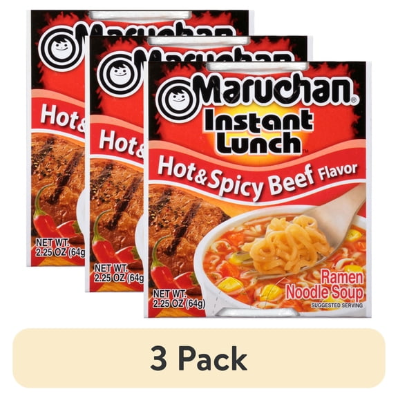 (3 pack) Maruchan Instant Lunch Ramen Noodles, Hot & Spicy Beef Flavor, 2.25 oz Cup