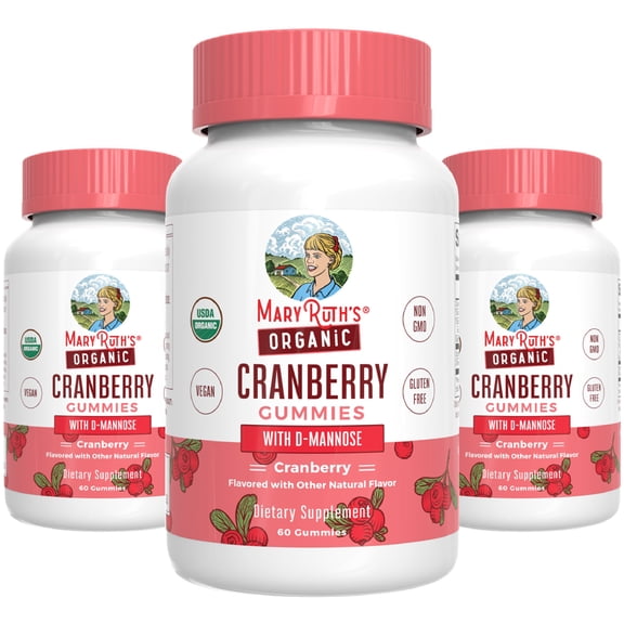(3 pack) MaryRuth's Cranberry D-Mannose Gummies USDA Organic 500mg Cranberry Extract Urinary Health Vegan Adults Ages 18+, 60 Count