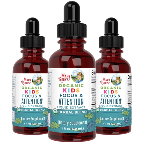 (3 pack) MaryRuth's Kids Focus & Attention Liquid Drops, USDA Organic Herbal Supplement, Ginkgo Biloba, Rhodiola Root, Vegan, Non-GMO, Unisex, 1 fl oz