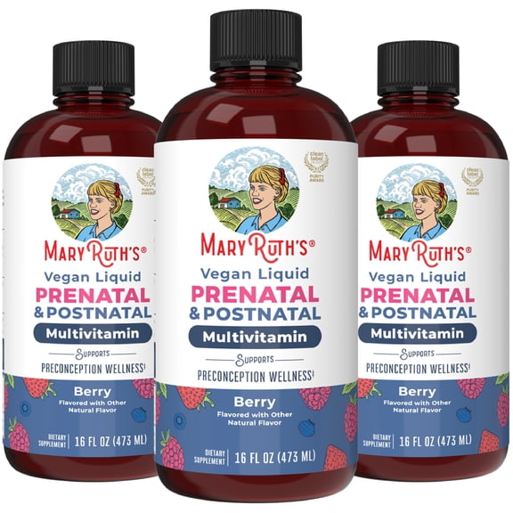 (3 pack) MaryRuth's Vegan Liquid Prenatal Postnatal Multivitamin, Berry Flavor, Gluten-Free, Sugar-Free, 1-Count 16 fl. oz.