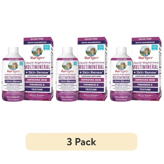 (3 pack) MaryRuth Organics Nighttime Liquid Multi Mineral Supplement + Skin Renew for Women, Improve Skin Health, Sepitone, Sugar Free, Vegan, 15 Servings