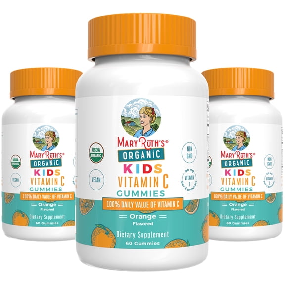 (3 pack) MaryRuth's Kids Vitamin C Gummies Ages 4+, USDA Organic, Antioxidant, Immune Support, Overall Health, Vegan Gluten-Free Unisex Orange Flavor, 60 Count