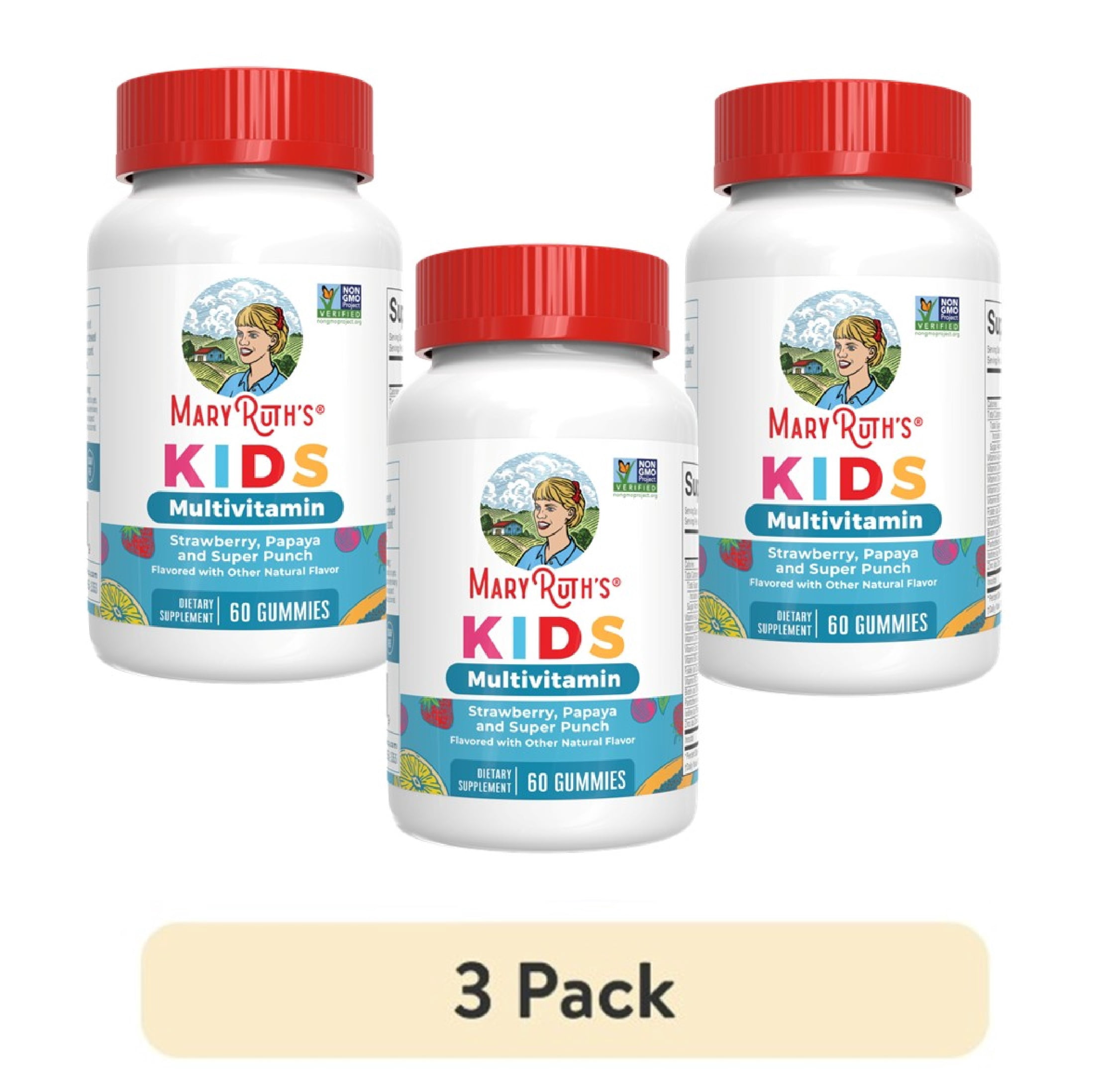 (3 pack) MaryRuth's Kids Multivitamin Gummies Strawberry Papaya Super Punch Gluten Free Vegan Unisex Ages 4+, 60 Count