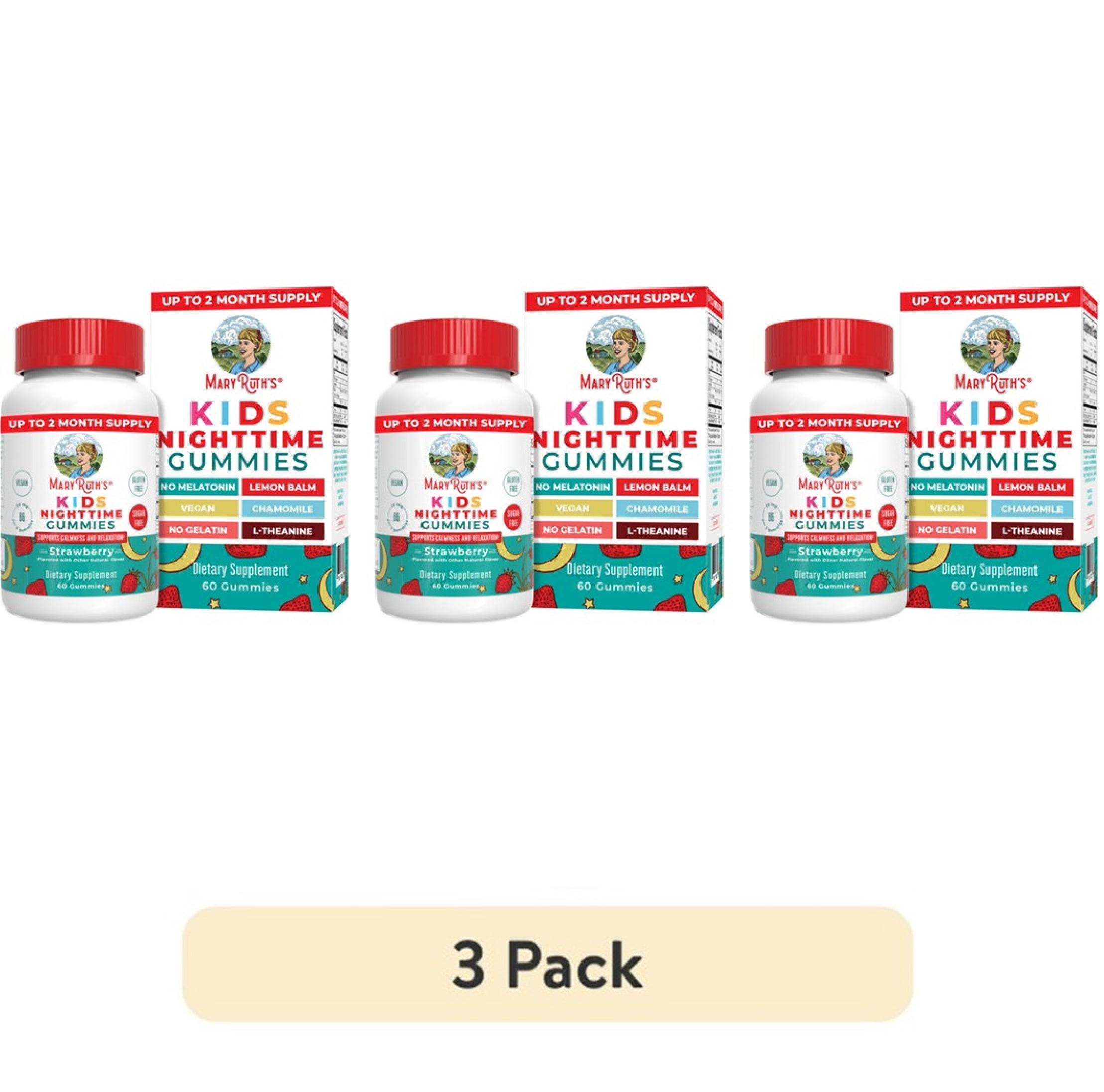 (3 pack) MaryRuth's Kids Nighttime Sleep Gummies Sugar-Free Strawberry Flavor with Vitamin B6 and L-Theanine Dietary Supplement 60 Count