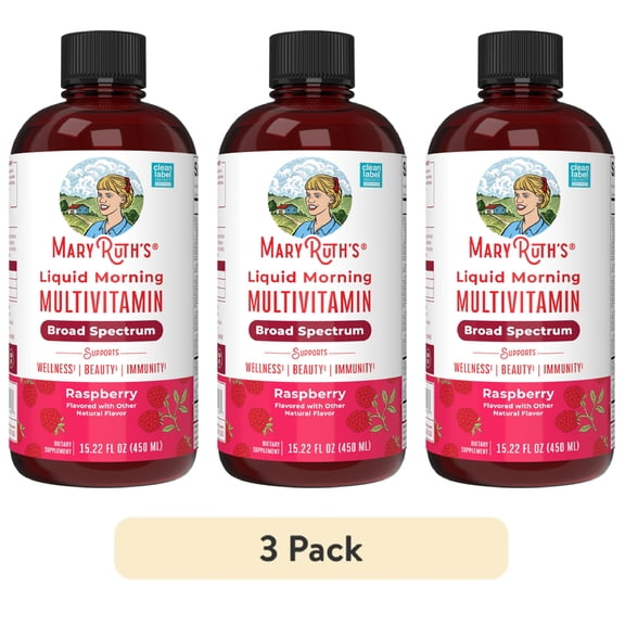 (3 pack) MaryRuth's Liquid Morning Multivitamin, Adults and Kids, General Health and Wellness, Immune Support, Overall Health, Vegan, Raspberry, 15.22 fl oz