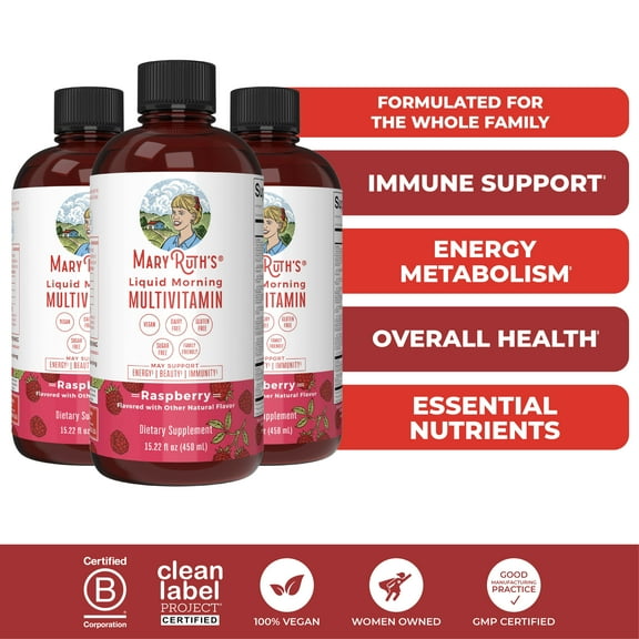 (3 pack) MaryRuth Liquid Morning Multivitamin, Raspberry, 15.22 fl oz, Vegan, Adults and Kids General Health and Wellness