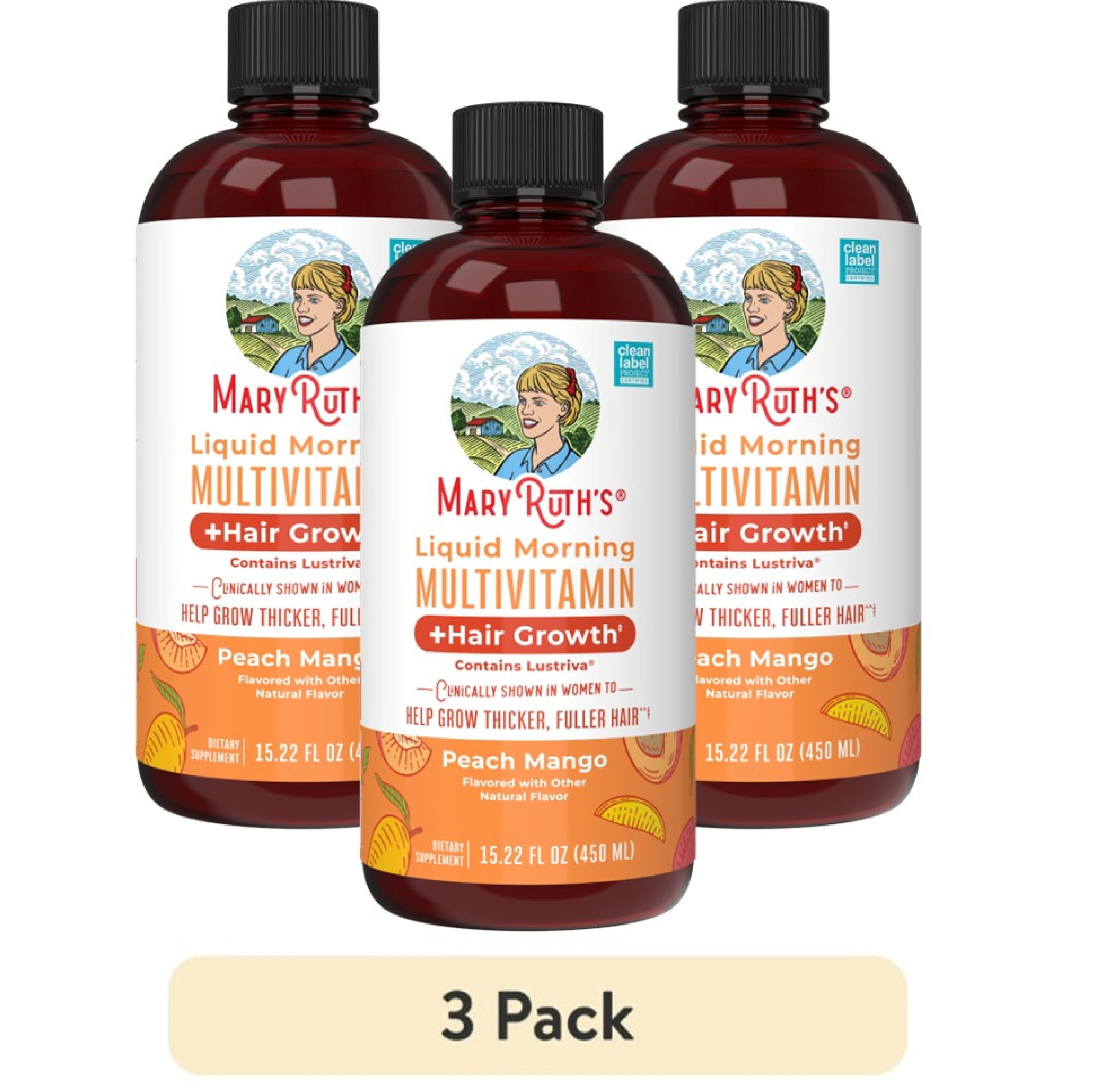 3 pack MaryRuths Liquid Multivitamin + Hair Growth with Biotin 10000MCG, Lustriva, Vegan Gluten-Free, Peach Mango Flavor, Adults Ages 18+, 15.22 fl oz