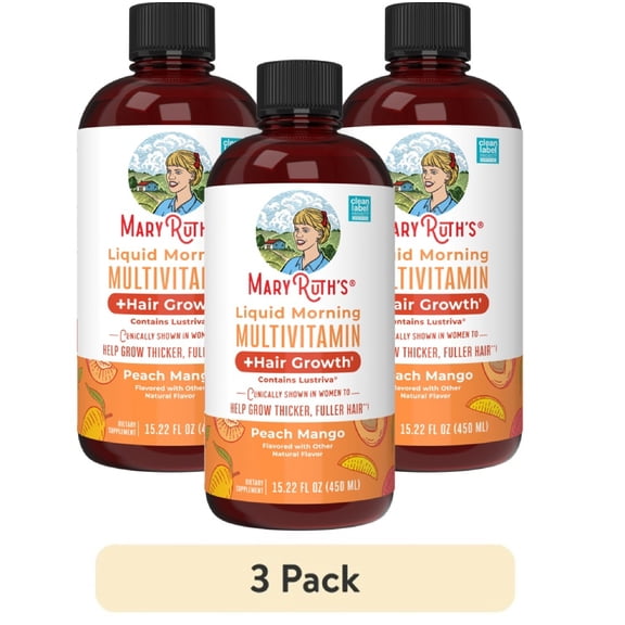 (3 pack) MaryRuth's Liquid Multivitamin + Hair Growth with Biotin 10000MCG, Lustriva, Vegan Gluten-Free, Peach Mango Flavor, Adults Ages 18+, 15.22 fl oz
