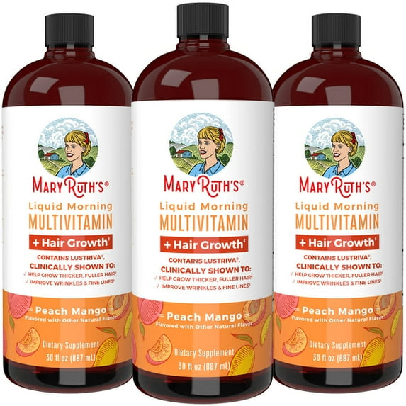 (3 pack) MaryRuth Organics Liquid Multivitamin Hair Growth Clinically Tested Lustriva Biotin 10000mcg, Ages 18+, 30 fl oz