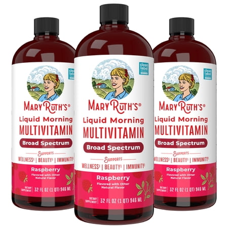 (3 pack) MaryRuth's Morning Multivitamin Liquid, Raspberry Flavor, Vegan, Non-GMO, Unisex, with Vitamins C and D, 1 Count, 32 fl oz