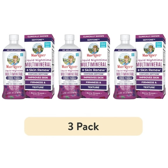 (3 pack) MaryRuth's Nighttime Multimineral Liquid + Skin Renew, Skin Support and Reduce Wrinkles, Berry Dream, Gluten-Free, Vegan, Adults Ages 18+, 30 fl oz