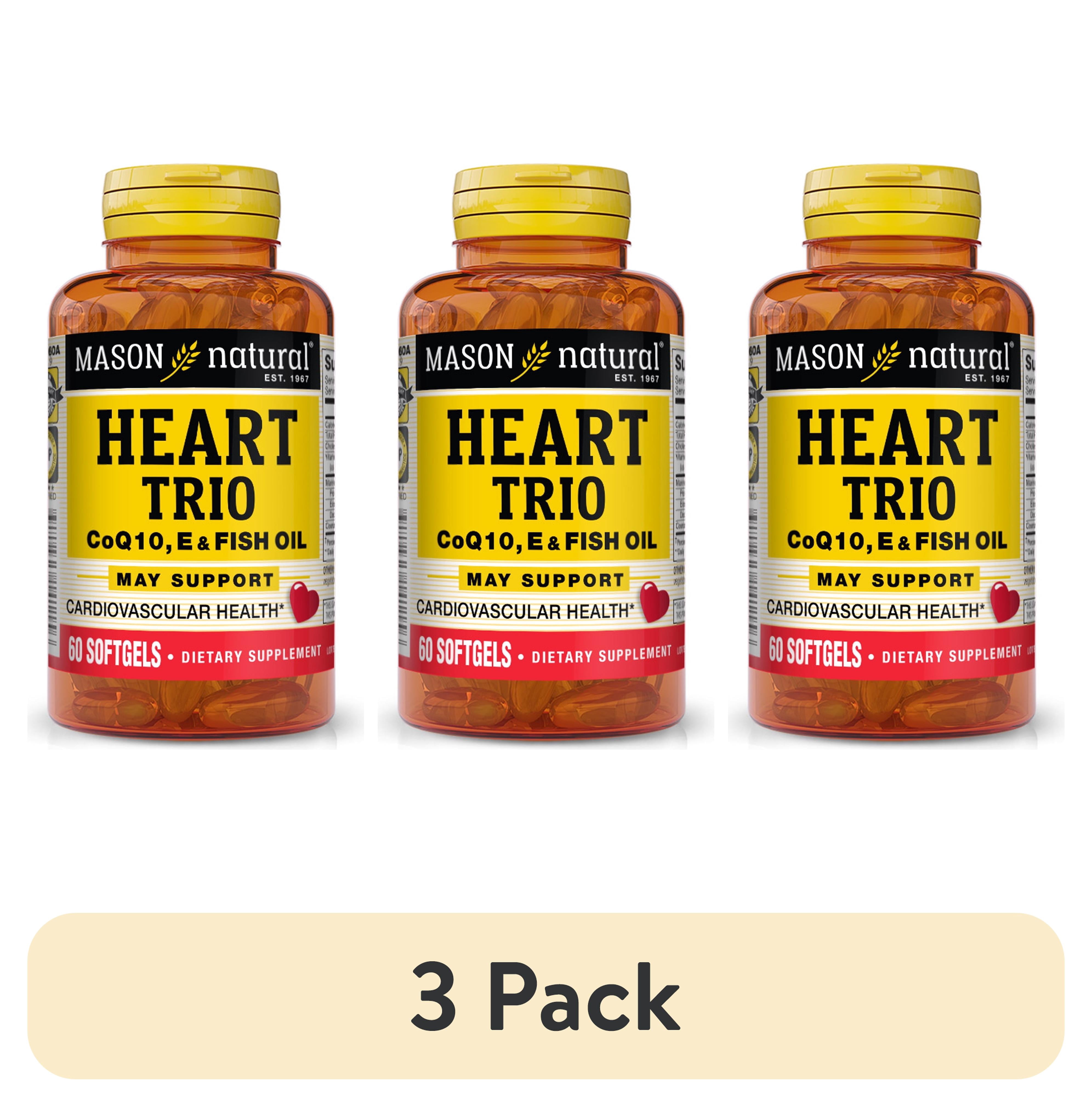 (3 pack) Mason Natural Heart Trio: CoQ10, Vitamin E & Fish Oil - Cardiovascular Health Supplements, 60 Soft Gels