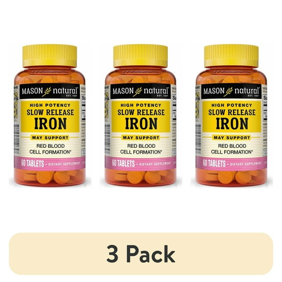(3 pack) Mason Natural Slow Release Iron (Ferrous Sulfate) - High Potency, 60 Tablets, 50 mg