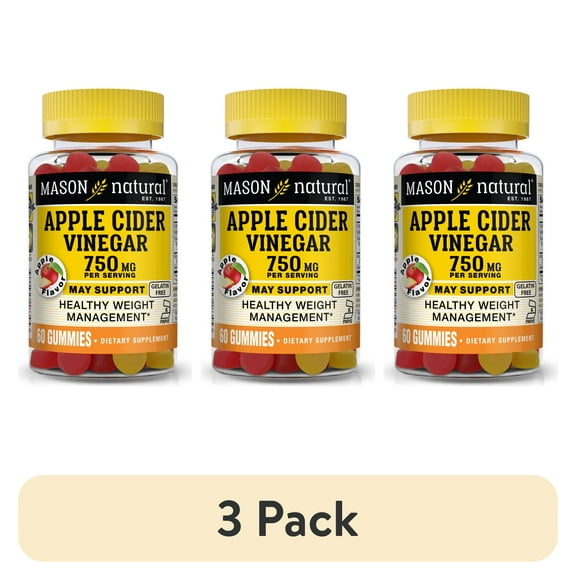 (3 pack) Mason Natural Apple Cider Vinegar 750 mg - Healthy Weight Management, All Natural Detoxification, Gelatin Free, Kosher, Apple Flavor, 60 Gummies