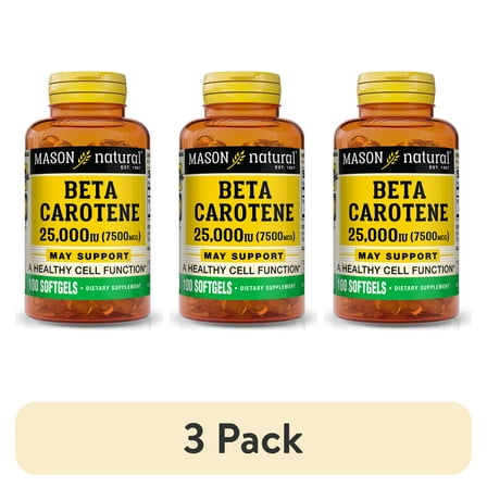 (3 pack) Mason Natural Beta Carotene, 7,500 mcg (25,000 IU),  Antioxidant, Supports Immunity, 100 Softgels