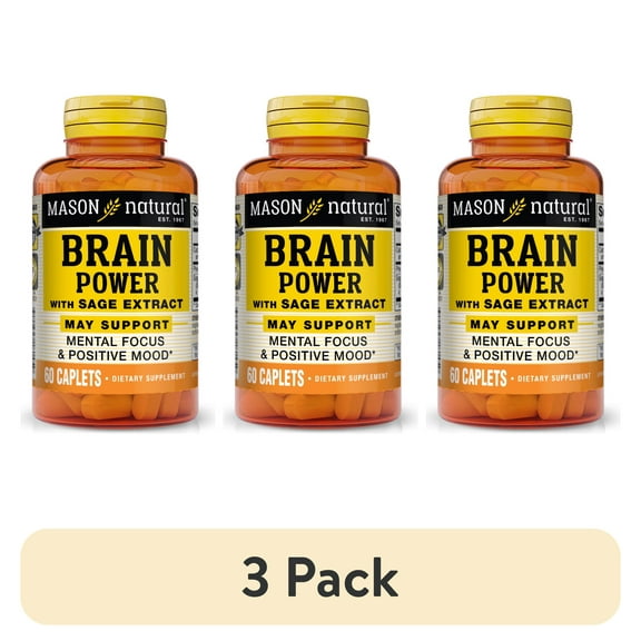 (3 pack) Mason Natural Brain Power with Sage Extract, Focus and Positive Mood Support, 60 Caplets