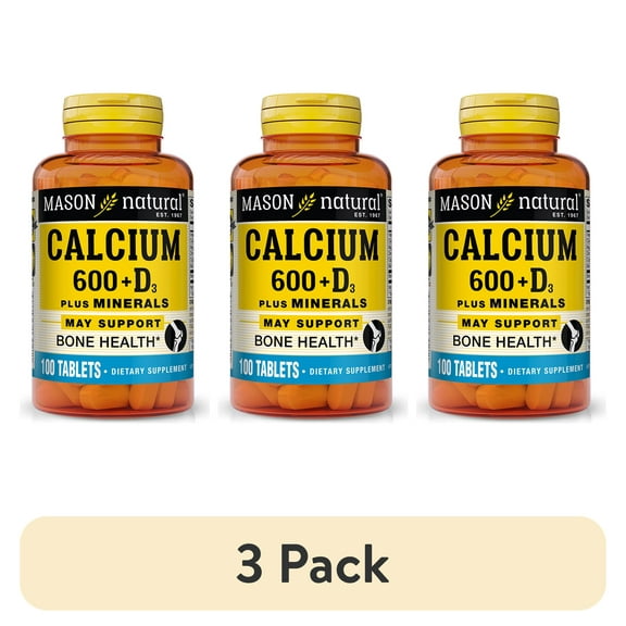 (3 pack) Mason Natural Calcium 600 mg plus Vitamin D3 with Magnesium, Zinc and Copper - 100 Tablets