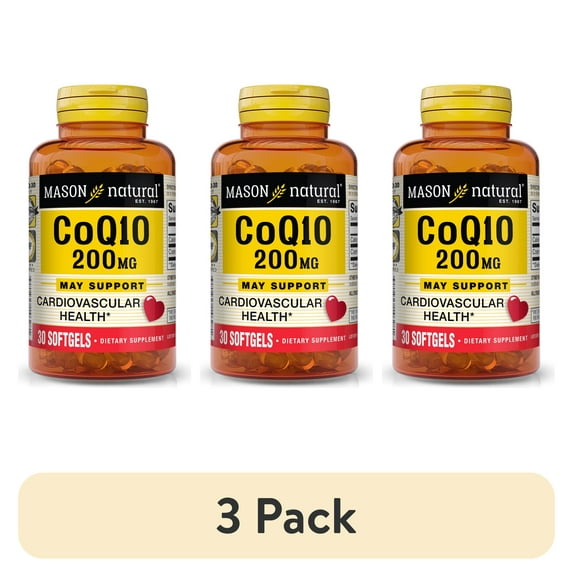 (3 pack) Mason Natural Co Q10 200 mg - Healthy Heart and Cellular Energy Production, Supports Cardiovascular Health, 30 Softgels