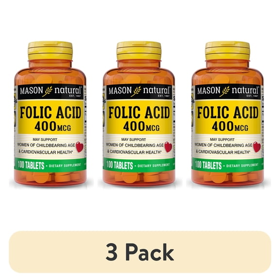 (3 pack) Mason Natural Folic Acid 400 mcg, 100 Tablets