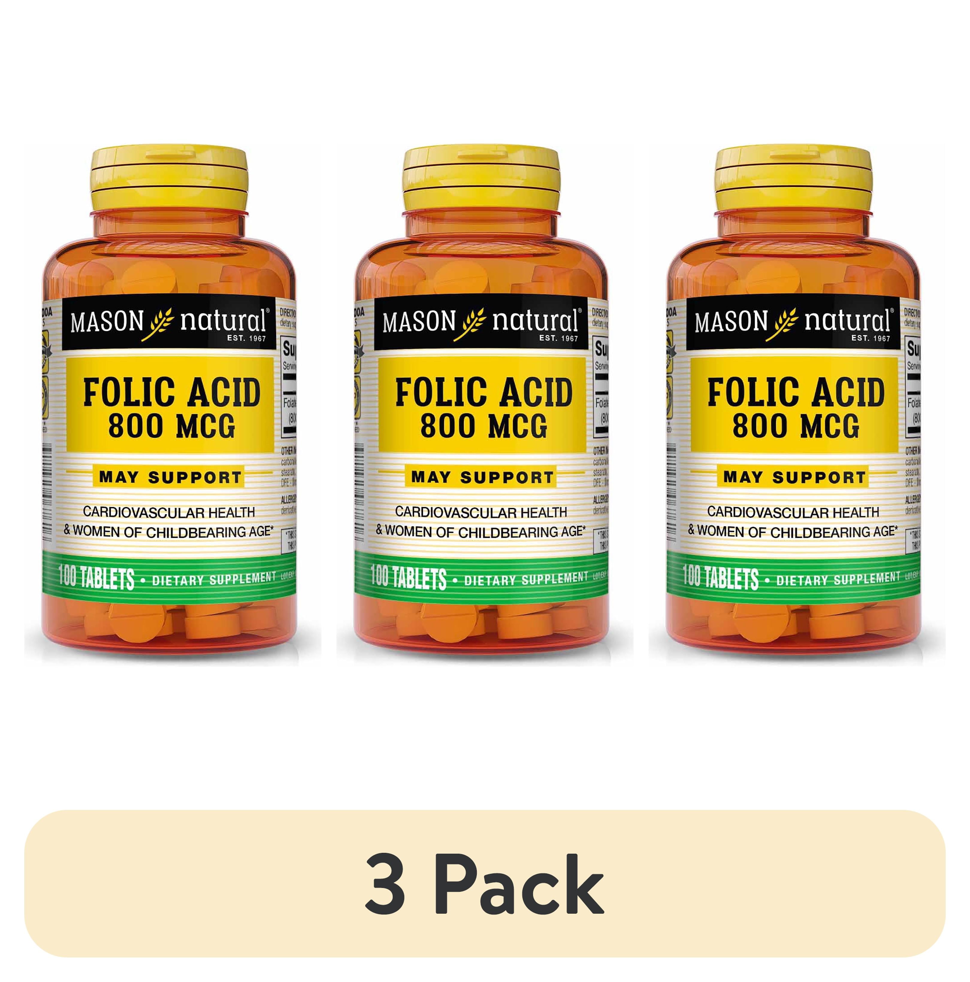 (3 pack) Mason Natural Folic Acid 800 mcg - Helps Nervous System Function, Daily Supplement for Health, Mood and Prenatal Care, For Women of Childbearing Age,100 Tablets