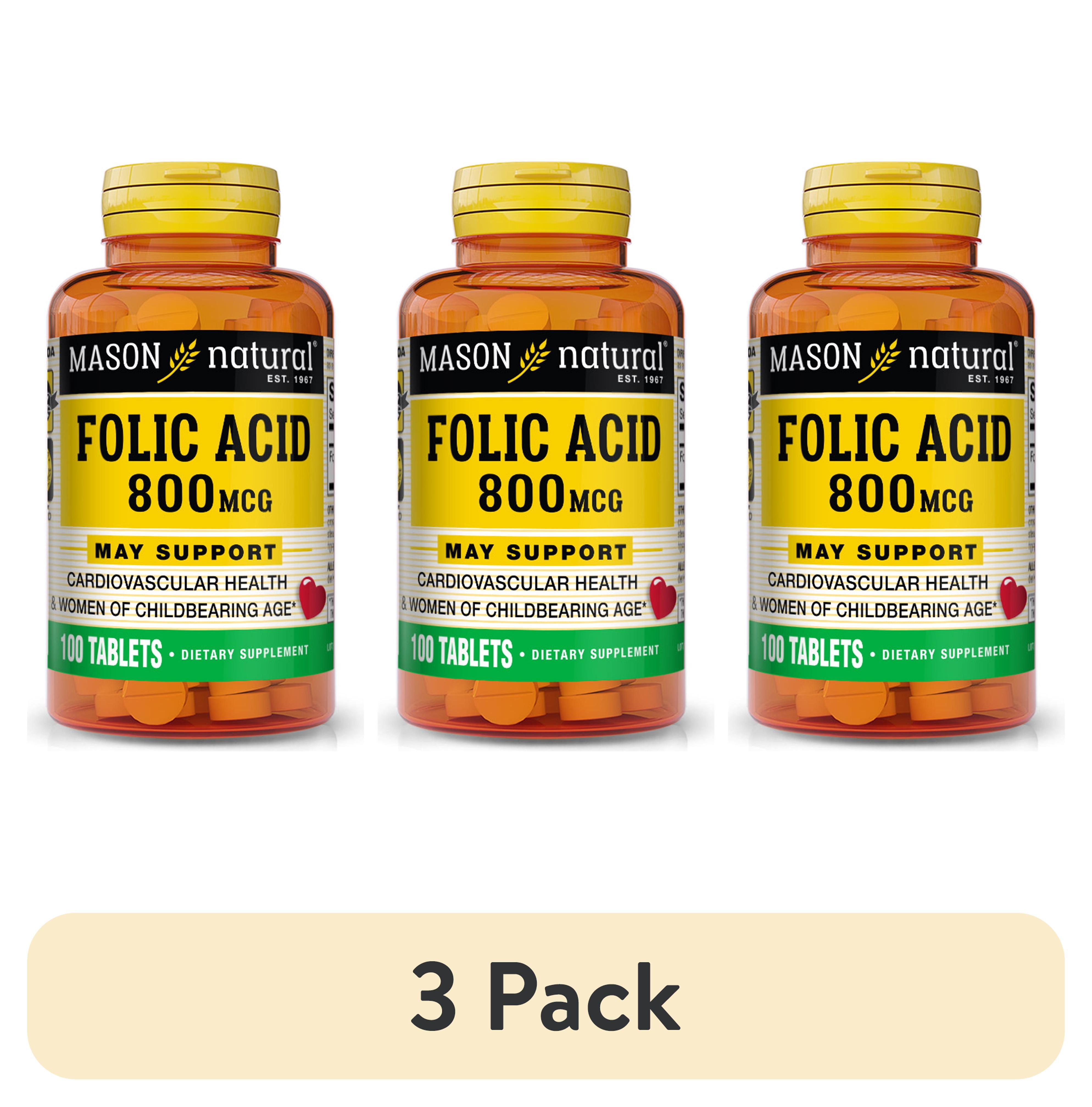 (3 pack) Mason Natural Folic Acid 800 mcg - Helps Nervous System Function, Daily Supplement for Health, Mood and Prenatal Care, For Women of Childbearing Age,100 Tablets