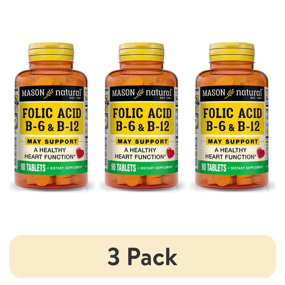 (3 pack) Mason Natural Folic Acid Supplement with Vitamin B6 & B12, Supports a Healthy Heart Function, 90 Tablets