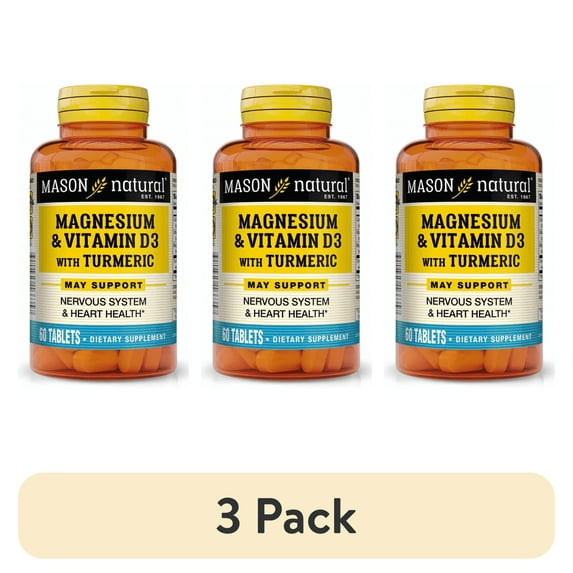 (3 pack) Mason Natural Magnesium & Vitamin D3 Supplement for Nervous & Heart Health, 60 Tabs