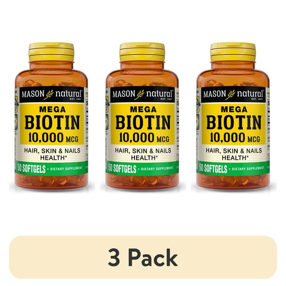 (3 pack) Mason Natural Mega Biotin 10,000 mcg Softgels, Vitamin B7 Supplement, 50 Count