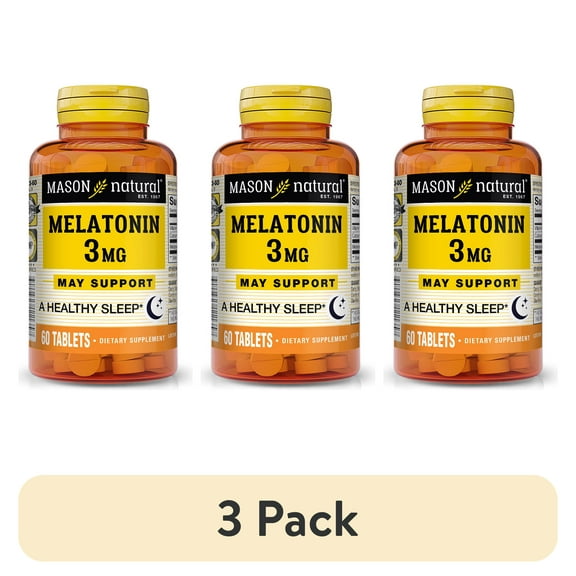 (3 pack) Mason Natural Melatonin 3 mg with B6 and Calcium - Natural Sleep Aid, Supports Healthy Sleep & Rest, 60 Tablets