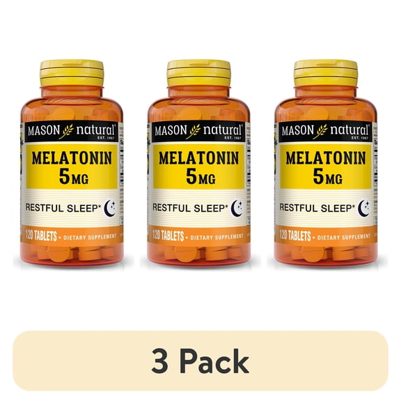 (3 pack) Mason Natural Melatonin 5 mg with B6 and Calcium - Natural Sleep Aid, Supports Healthy Sleep & Rest, 120 Tablets
