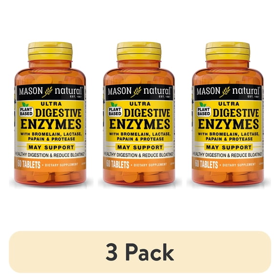 (3 pack) Mason Natural Plant-Based Ultra Digestive Enzymes, Support Healthy Digestion & Reduce bloating, 60 Tabs