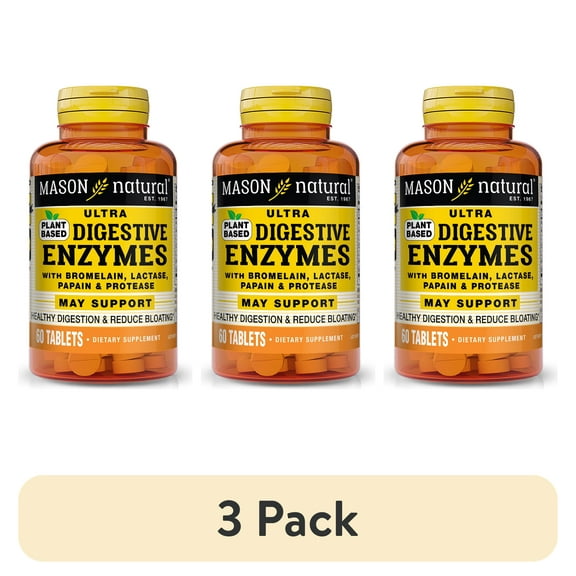 (3 pack) Mason Natural Plant-Based Ultra Digestive Enzymes, Support Healthy Digestion & Reduce bloating, 60 Tabs