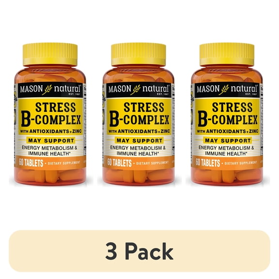 (3 pack) Mason Natural Stress B-Complex with Thiamine, Riboflavin, Niacin, Antioxidants + Zinc, Supports Energy Metabolism & Immune Health, 60 Tablets