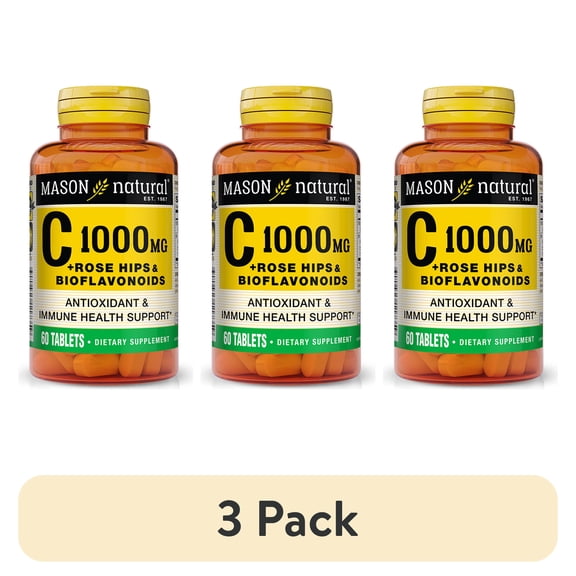 (3 pack) Mason Natural Vitamin C 1,000 mg plus Rose Hips and Bioflavonoids Complex - Supports a Healthy Immune System, Antioxidant and Essential Nutrient, 60 Tablets