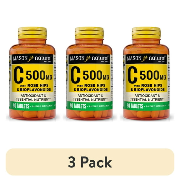 (3 pack) Mason Natural Vitamin C 500 mg with Rose Hips and Bioflavonoids - Supports a Healthy Immune System, Antioxidant and Essential Nutrient, 90 Tablets