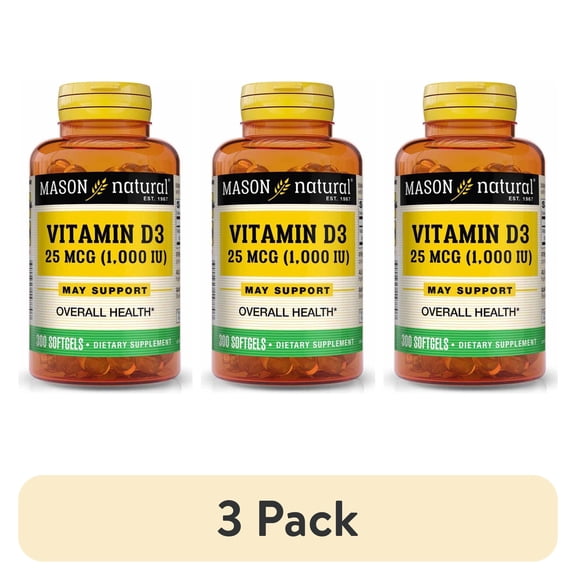 (3 pack) Mason Natural Vitamin D3 25 mcg (1000 IU) - Supports Overall Health, Strengthens Bones and Muscles, from Fish Liver Oil, 300 Softgels