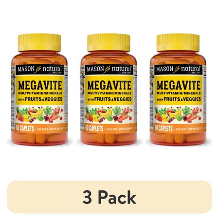 (3 pack) Mason Natural Megavite Multivitamin & Mineral Formula with Fruits and Veggies, Overall Health, 60 Count