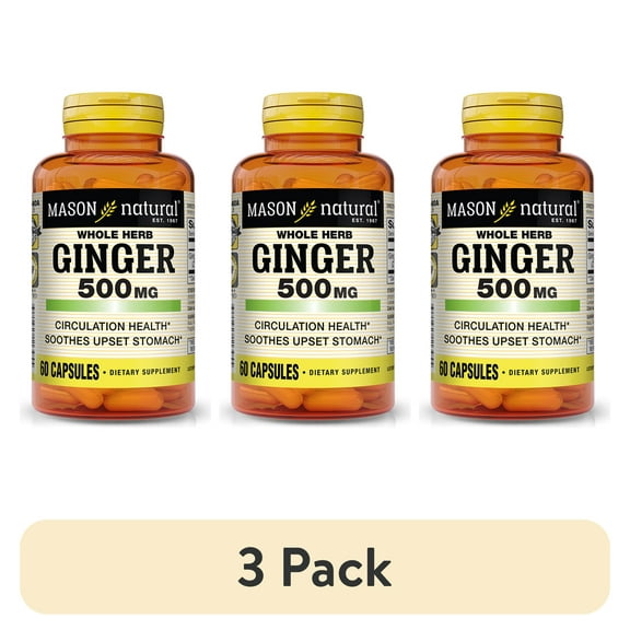 (3 pack) Mason Natural Whole Herb Ginger 500 mg, Natural Herbal Supplement, 60 Capsules