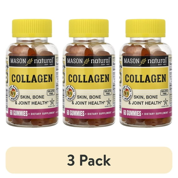 (3 pack) Mason Natural Collagen Gummies: Skin, Bones, Joints Support, Tropical Flavor, Kosher, Gelatin-Free, 60 Gummies.