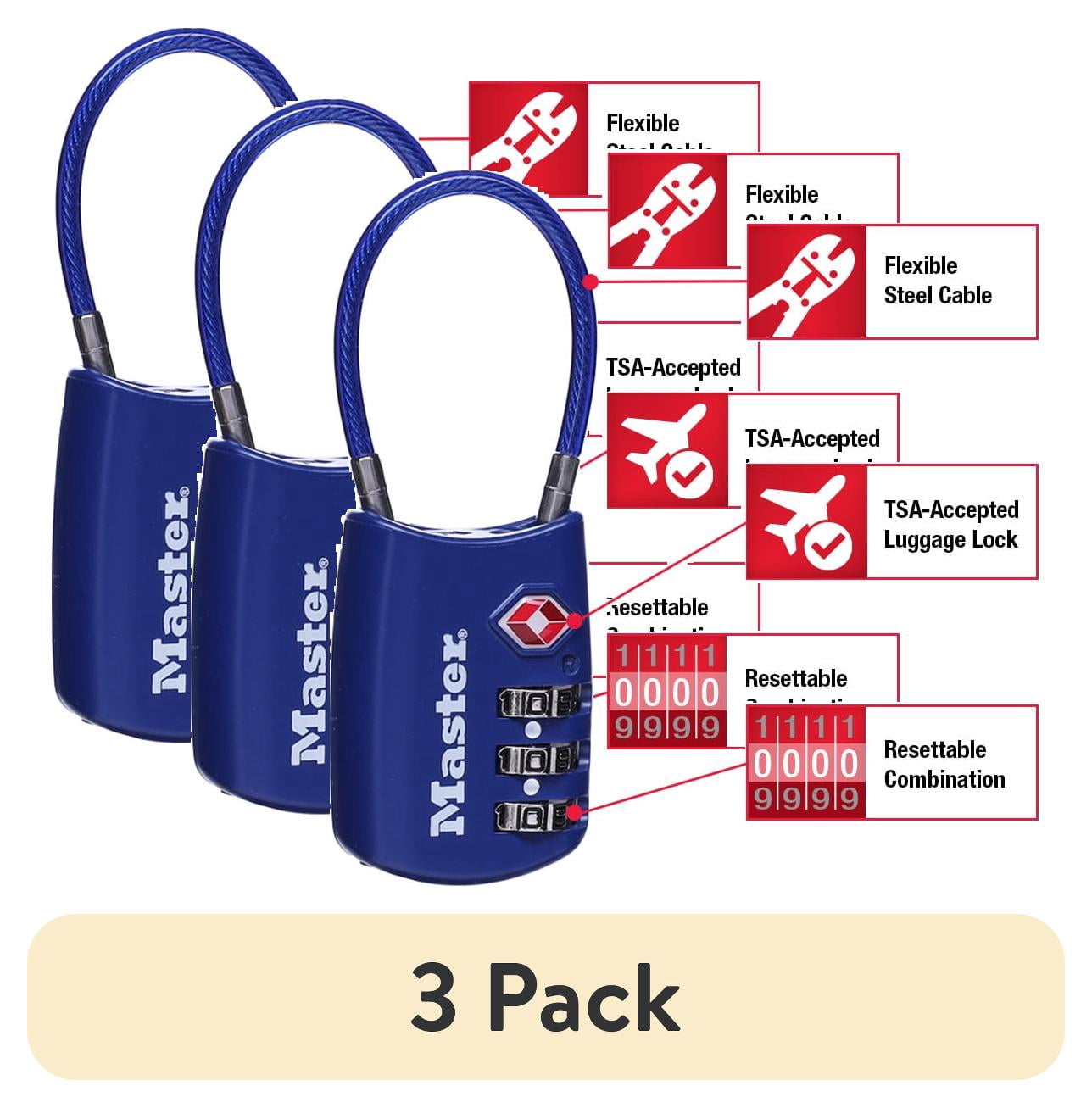 (3 pack) Master Lock TSA Approved 3 Dial Resettable Combination Luggage Lock, Color Variety