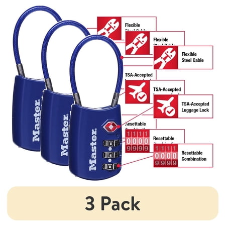 (3 pack) Master Lock TSA Approved 3 Dial Resettable Combination Luggage Lock, Color Variety