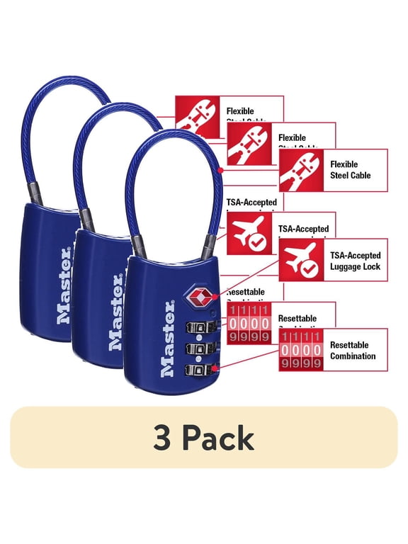 (3 pack) Master Lock TSA Approved 3 Dial Resettable Combination Luggage Lock, Color Variety